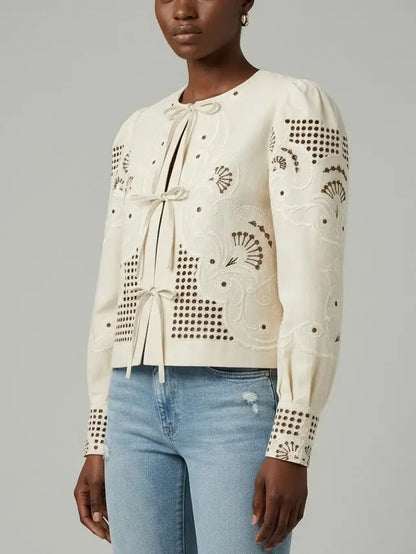 Cream Embroidered Tie-Front Blouse - Tops