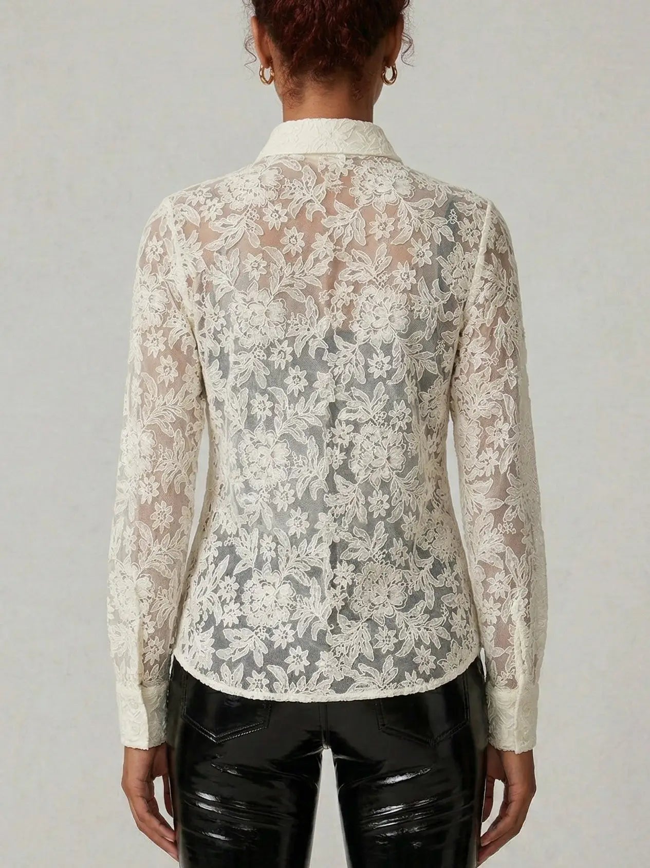 Cream Sheer Floral Lace Shirt with Silk Camisole - Tops