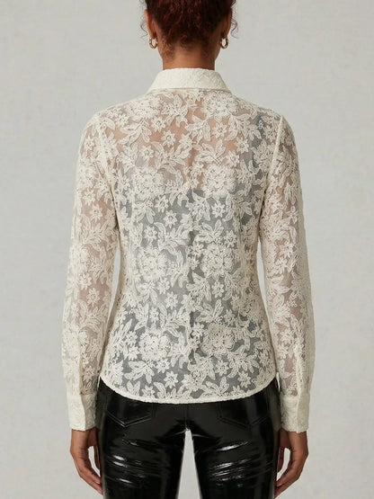 Cream Sheer Floral Lace Shirt with Silk Camisole - Tops