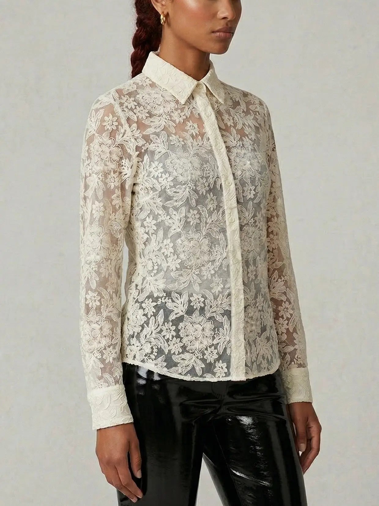 Cream Sheer Floral Lace Shirt with Silk Camisole - Tops