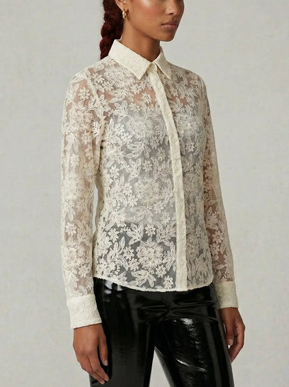 Cream Sheer Floral Lace Shirt with Silk Camisole - Tops