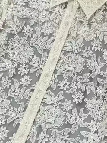 Cream Sheer Floral Lace Shirt with Silk Camisole - Tops