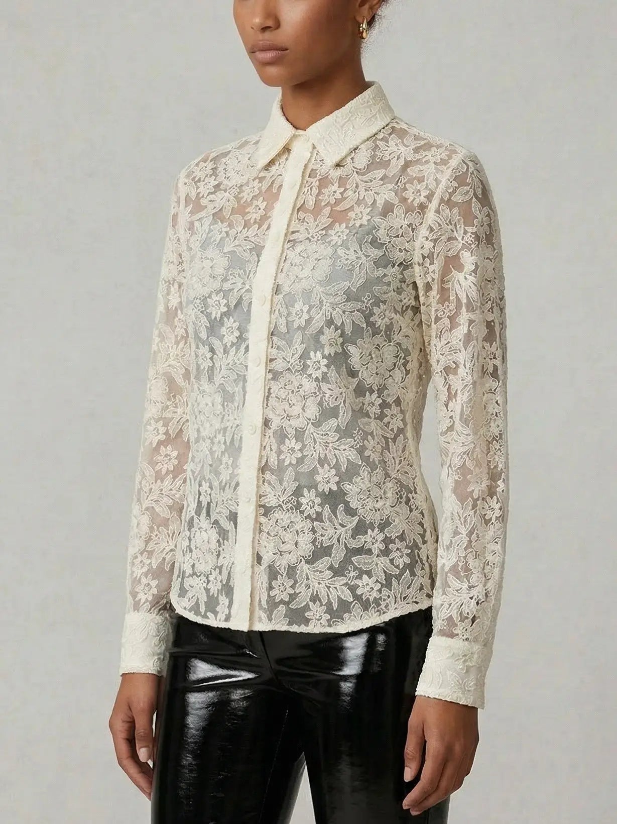 Cream Sheer Floral Lace Shirt with Silk Camisole - Tops