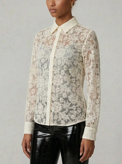 Cream Sheer Floral Lace Shirt with Silk Camisole - Tops