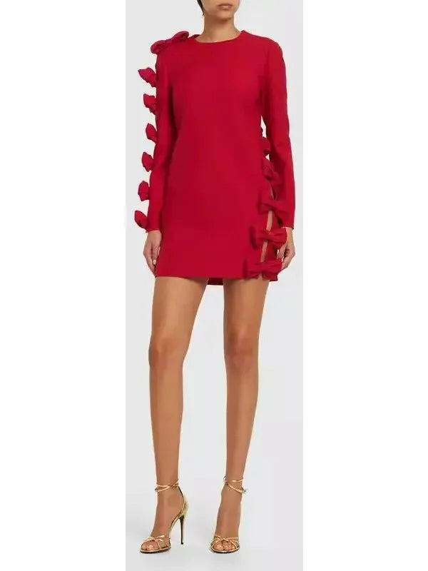 Crepe Couture Bow-Appliqué Mini Dress in Red - Dresses