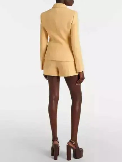 Crepe Single-Breasted Fitted Yellow Blazer and Short Set - Suits & Sets