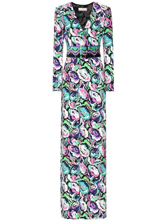 Crêpe V-Neck Multicolored Maxi Dress - Dresses