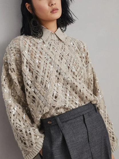 Crochet Cashmere Knit Sequin Sweater - Sweaters & Knitwear