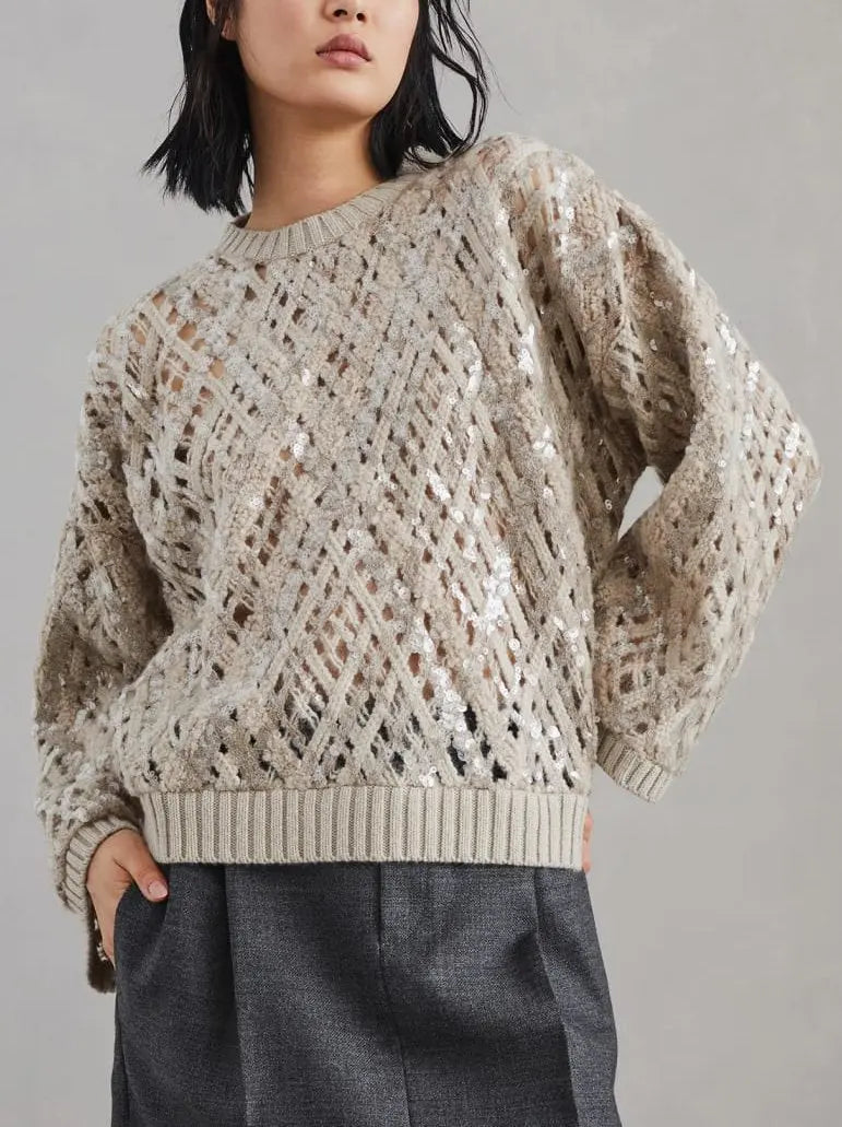 Crochet Cashmere Knit Sequin Sweater - Sweaters & Knitwear