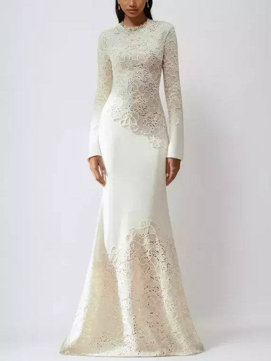 Crochet Embroidery Sequined Maxi Dress in Ivory - Dresses