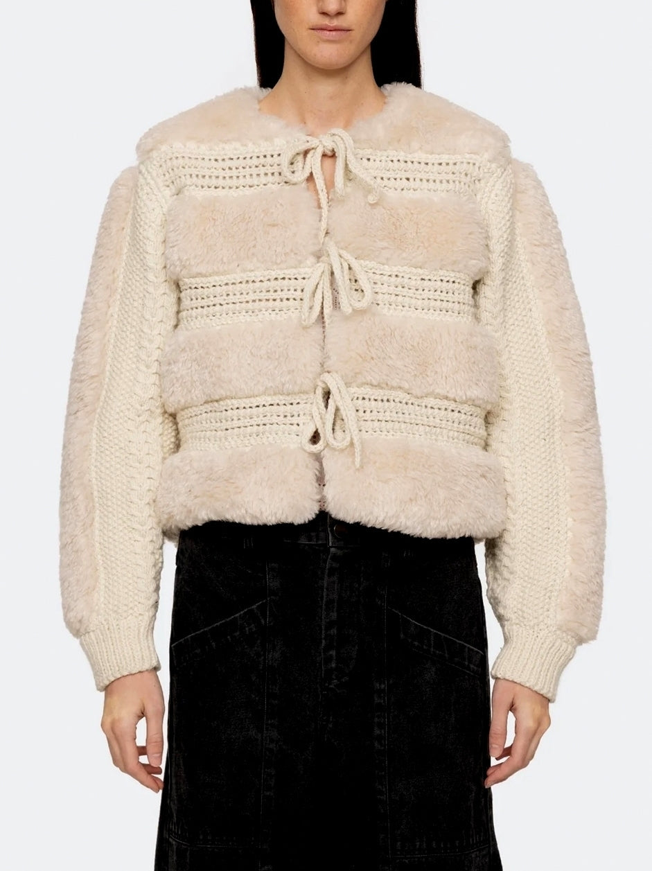 Crochet Knit Tie-Front Faux Fur Jacket - Jackets