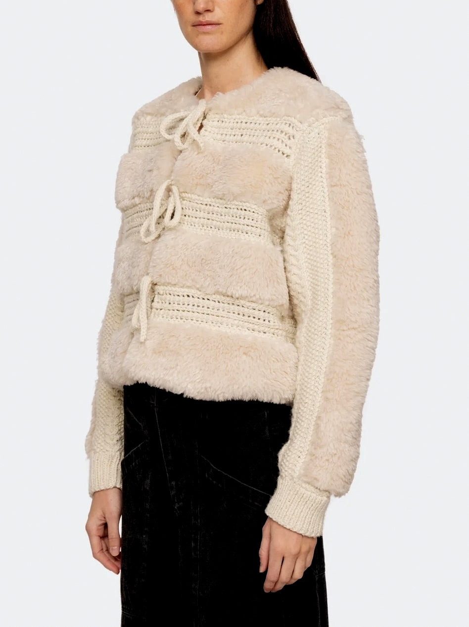 Crochet Knit Tie-Front Faux Fur Jacket - Jackets