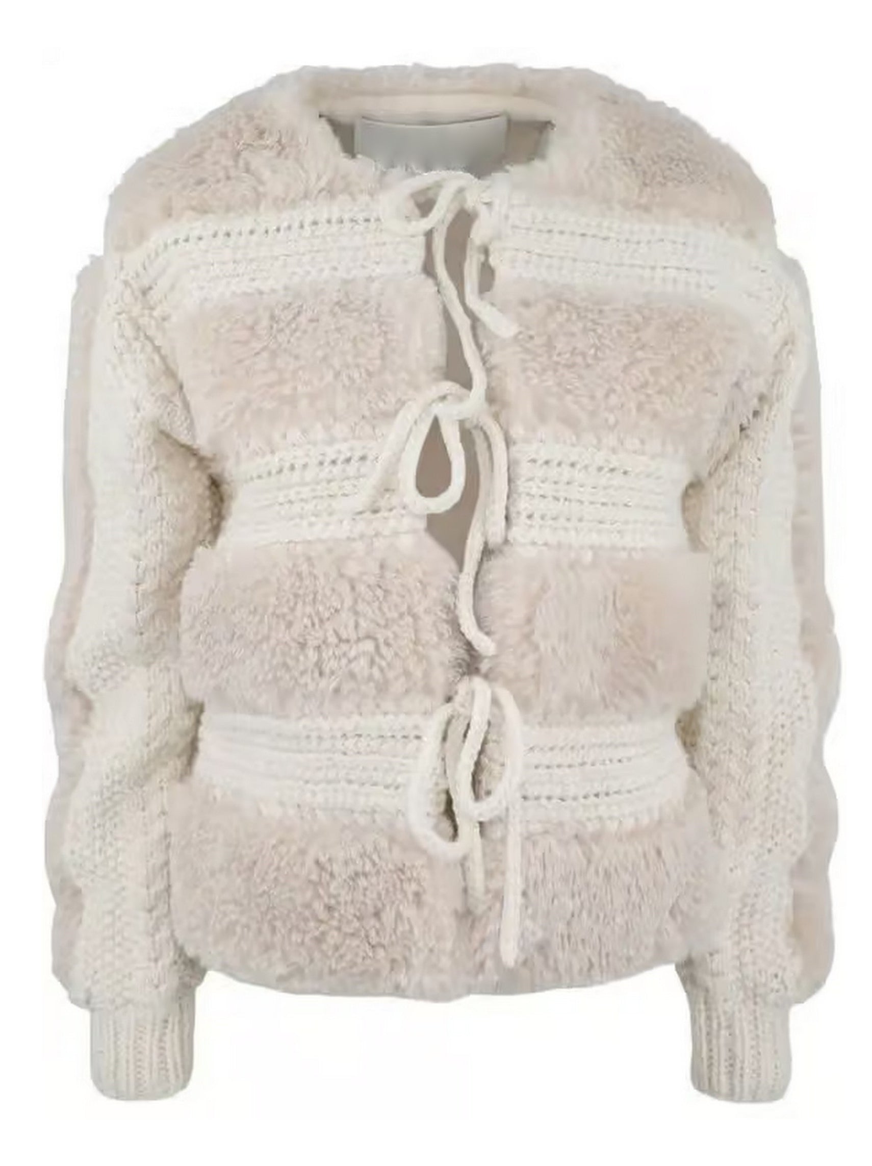 Crochet Knit Tie-Front Faux Fur Jacket - Jackets