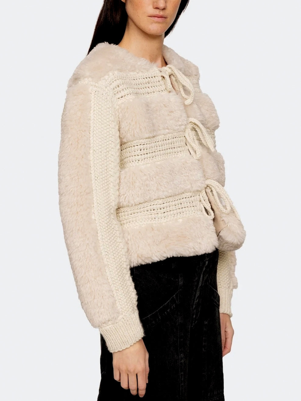 Crochet Knit Tie-Front Faux Fur Jacket - Jackets