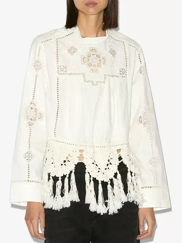 Crochet Macrame Trim Tassel White Embroidered Top - Tops