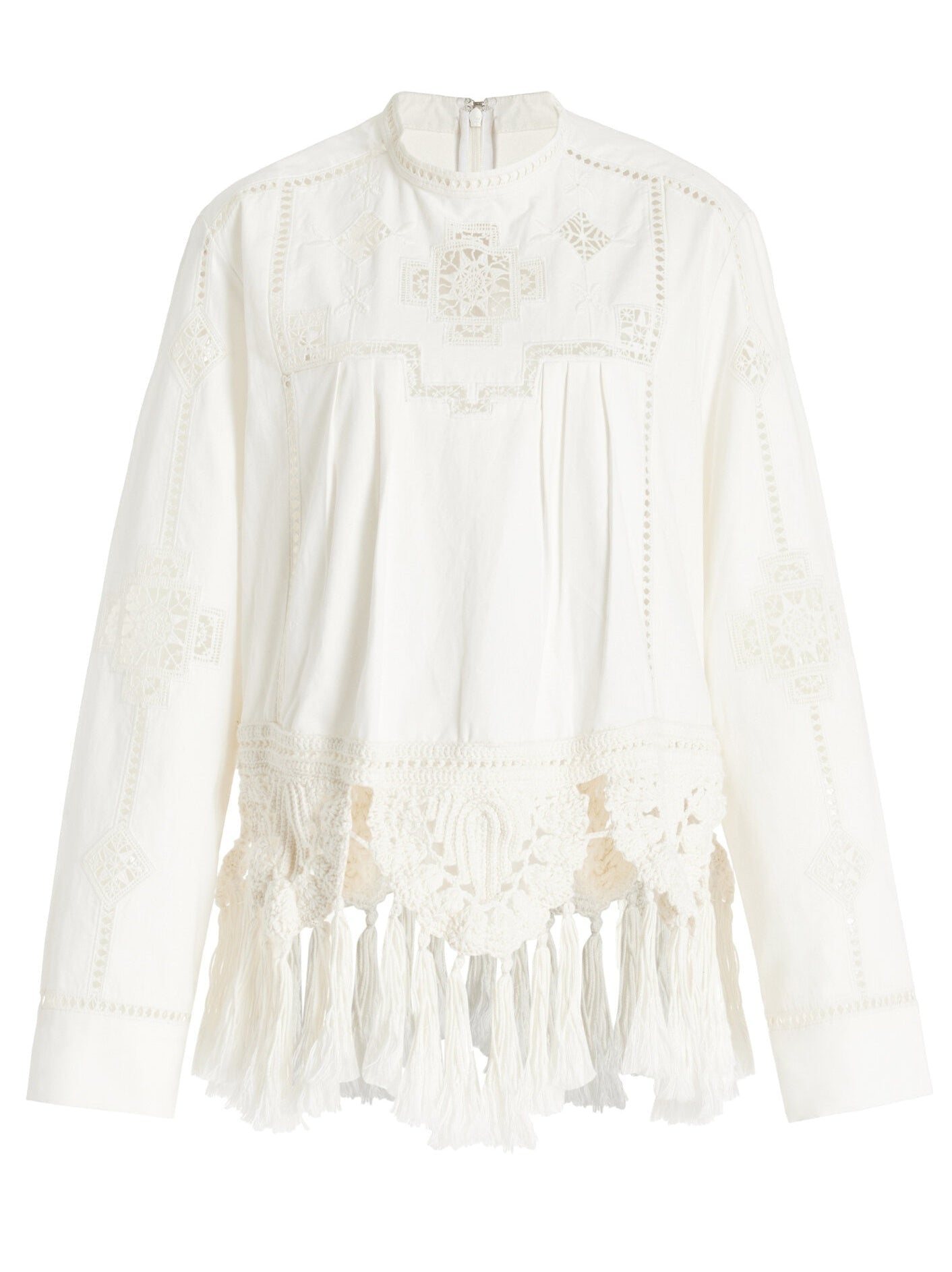 Crochet Macrame Trim Tassel White Embroidered Top - Tops