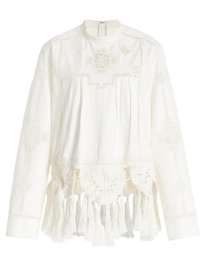 Crochet Macrame Trim Tassel White Embroidered Top - Tops