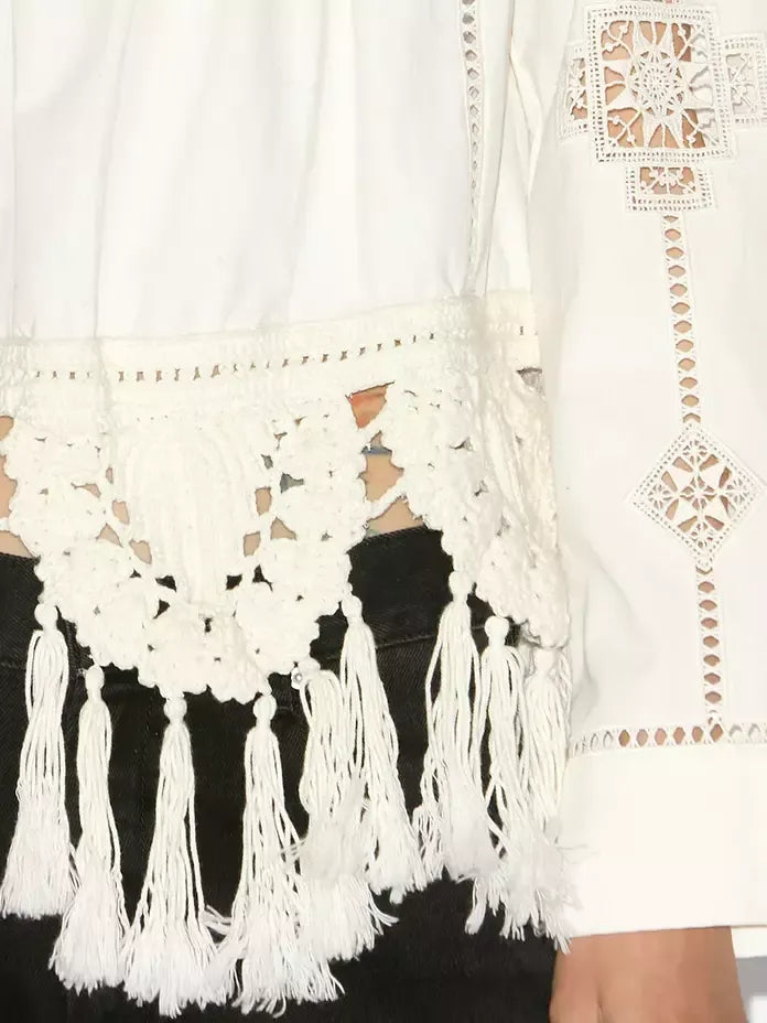 Crochet Macrame Trim Tassel White Embroidered Top - Tops