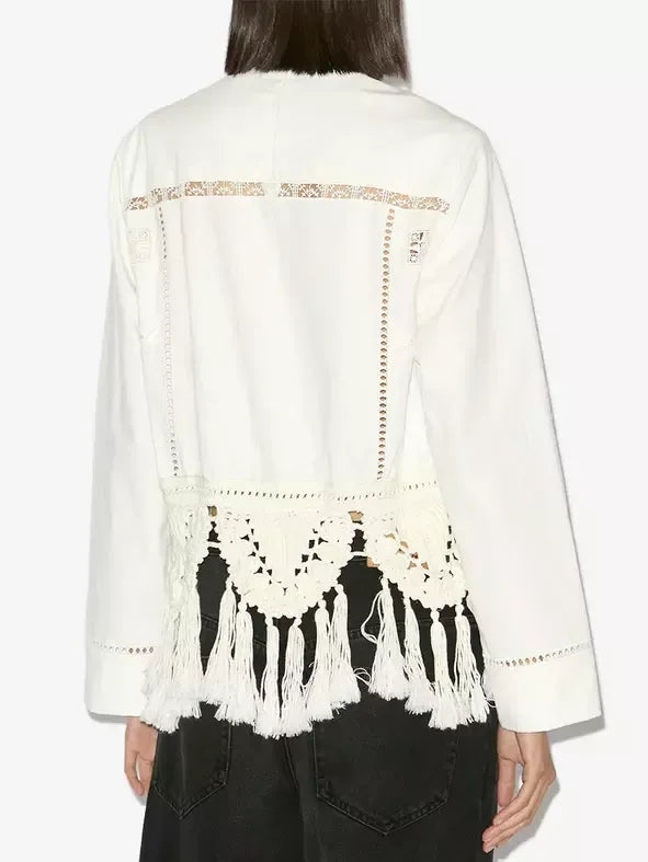 Crochet Macrame Trim Tassel White Embroidered Top - Tops