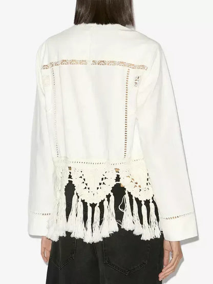 Crochet Macrame Trim Tassel White Embroidered Top - Tops