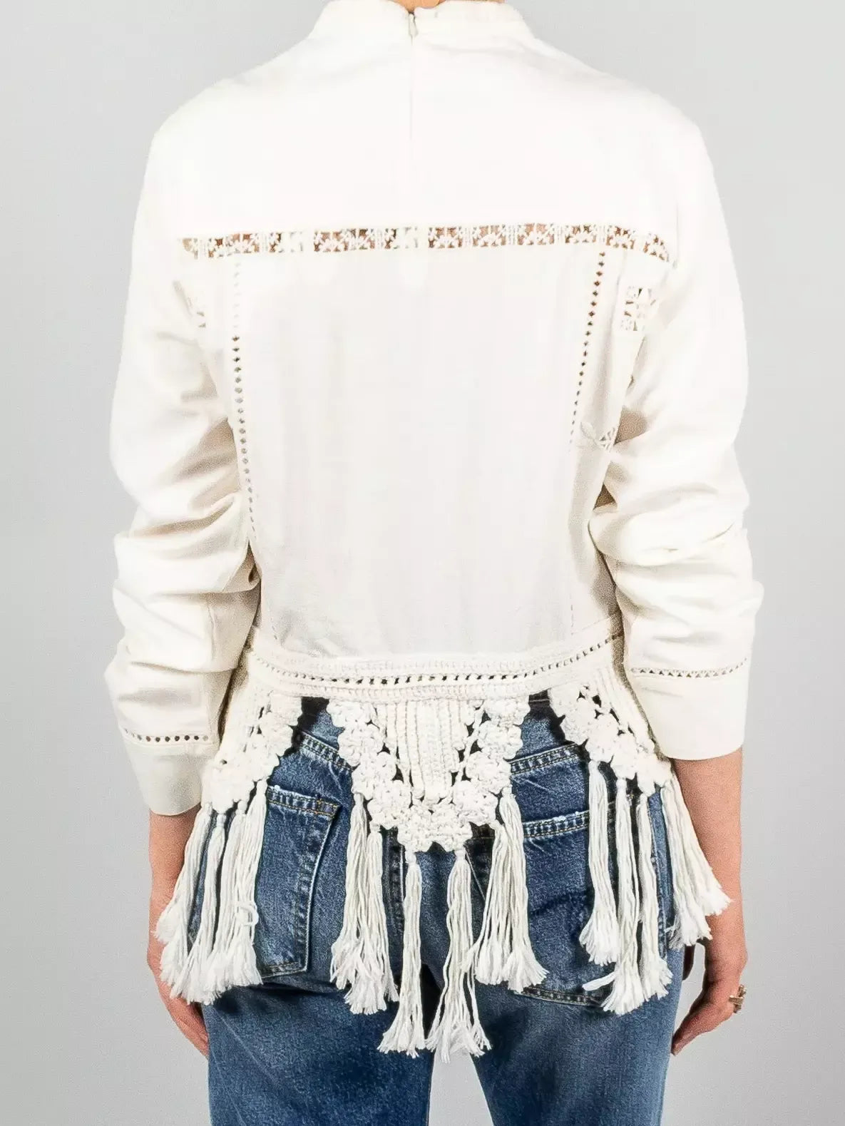 Crochet Macrame Trim Tassel White Embroidered Top - Tops