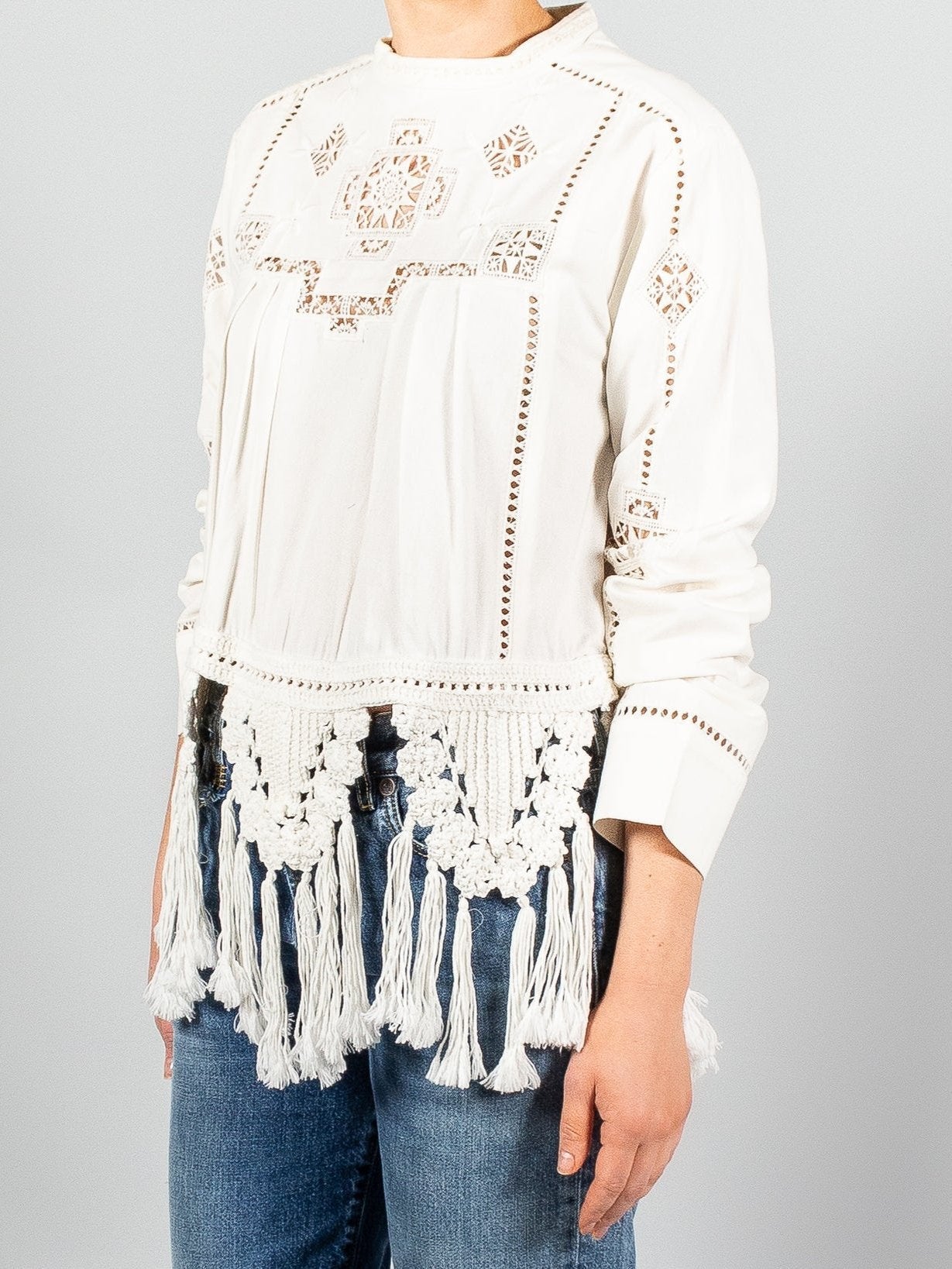 Crochet Macrame Trim Tassel White Embroidered Top - Tops