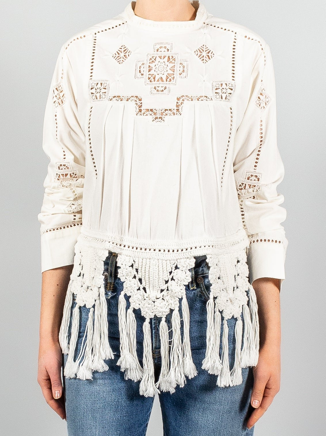 Crochet Macrame Trim Tassel White Embroidered Top - Tops