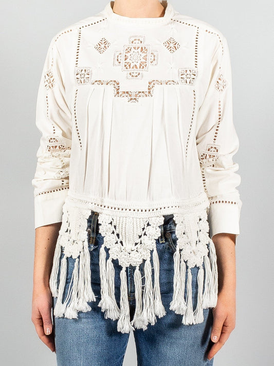 Crochet Macrame Trim Tassel White Embroidered Top - Tops
