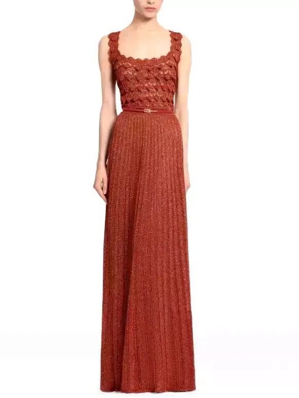 Crochet Open-Knit Pleated Sleeveless Maxi Dress - S / Rust Red - Dresses