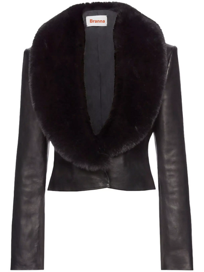 Cropped Black Lambskin Leather Jacket with Fox-Fur Collar - Jackets