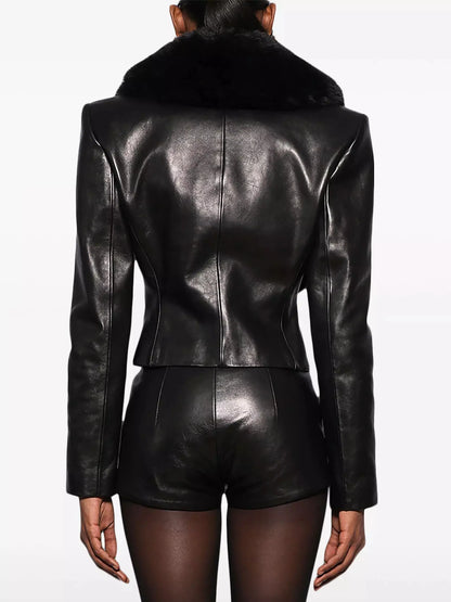 Cropped Black Lambskin Leather Jacket with Fox-Fur Collar - Jackets