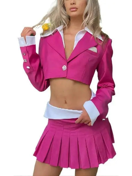 Cropped Blazer with Shirt Collar and Pleated Fold-Over Mini Skirt Set in Dark Pink and White - Suits & Sets