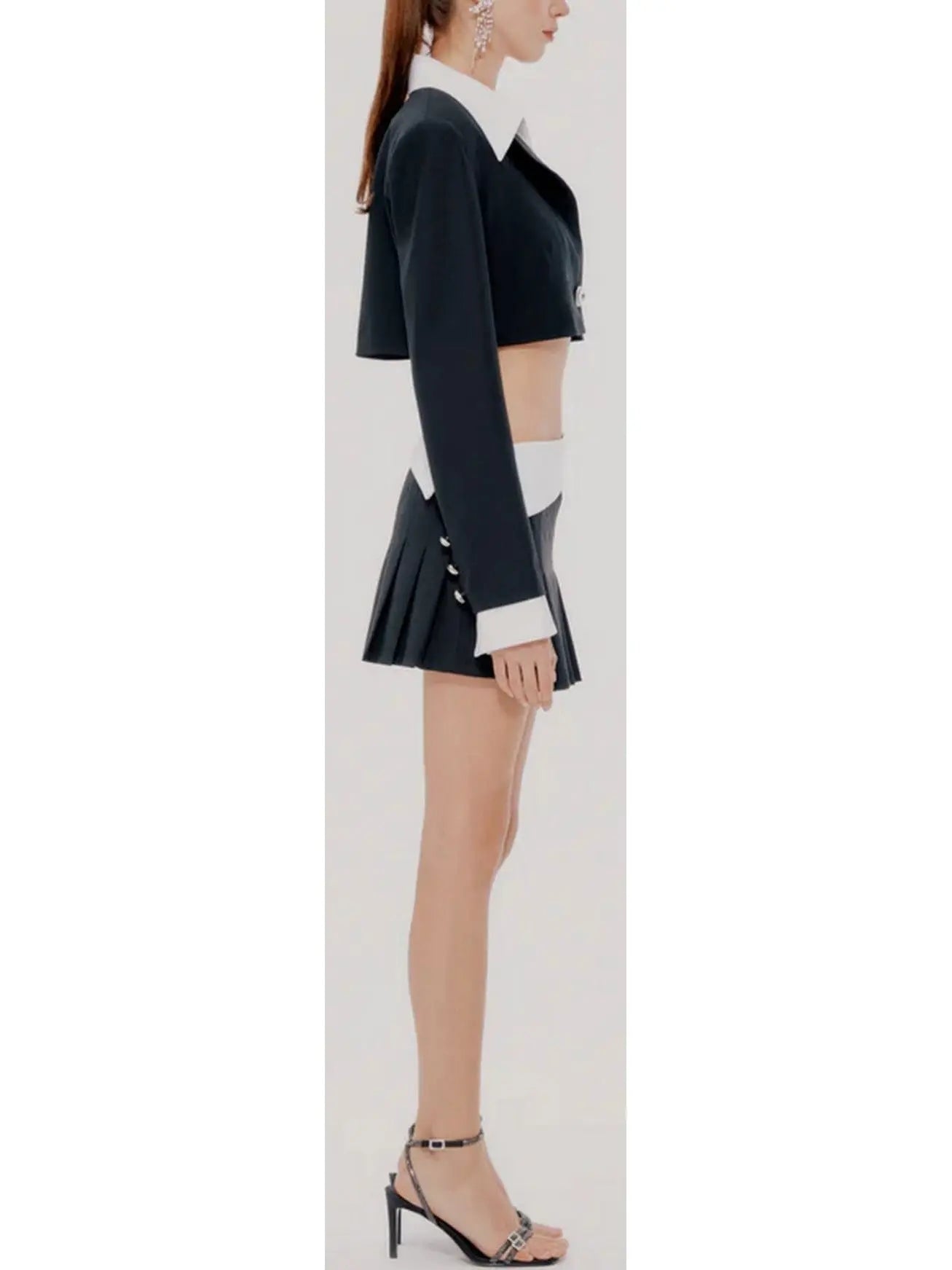 Cropped Blazer with Shirt Collar and Pleated Fold-Over Mini Skirt Set in Black and White - Suits & Sets