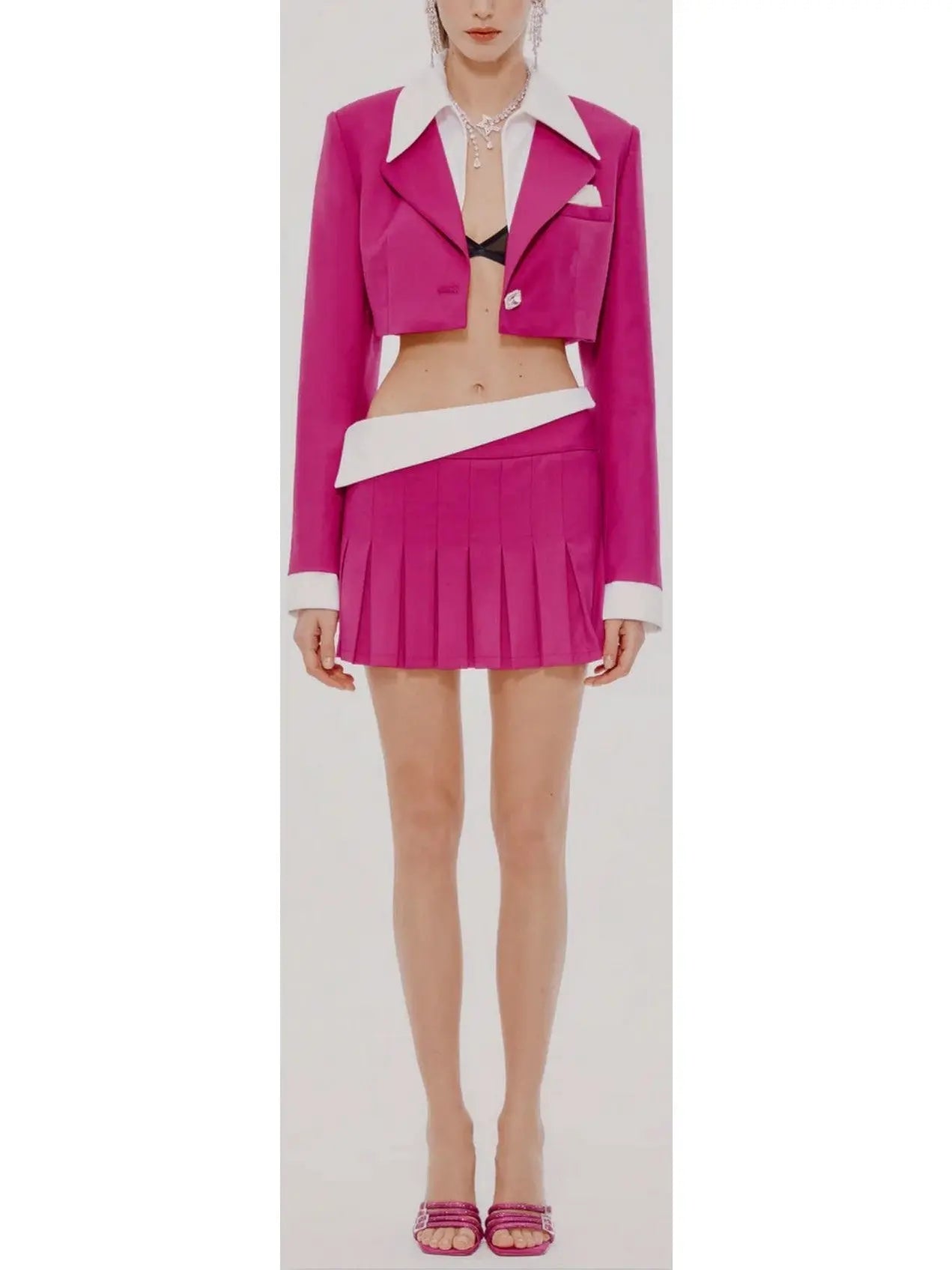 Cropped Blazer with Shirt Collar and Pleated Fold-Over Mini Skirt Set in Dark Pink and White - small - Suits & Sets