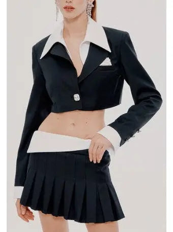 Cropped Blazer with Shirt Collar and Pleated Fold-Over Mini Skirt Set in Black and White - Suits & Sets