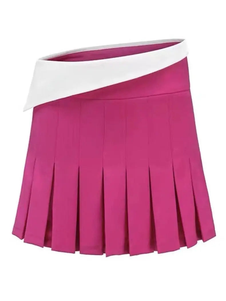 Cropped Blazer with Shirt Collar and Pleated Fold-Over Mini Skirt Set in Dark Pink and White - Suits & Sets