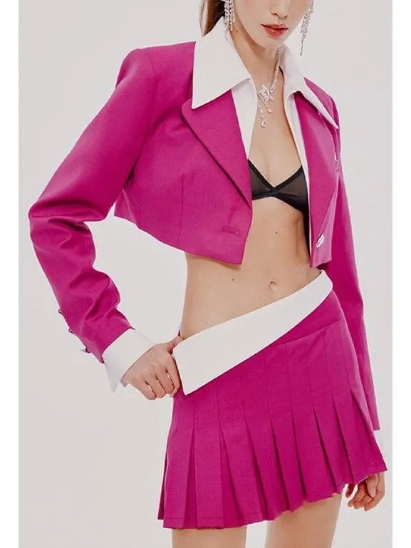 Cropped Blazer with Shirt Collar and Pleated Fold-Over Mini Skirt Set in Dark Pink and White - Suits & Sets