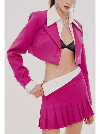 Cropped Blazer with Shirt Collar and Pleated Fold-Over Mini Skirt Set in Dark Pink and White - Suits & Sets