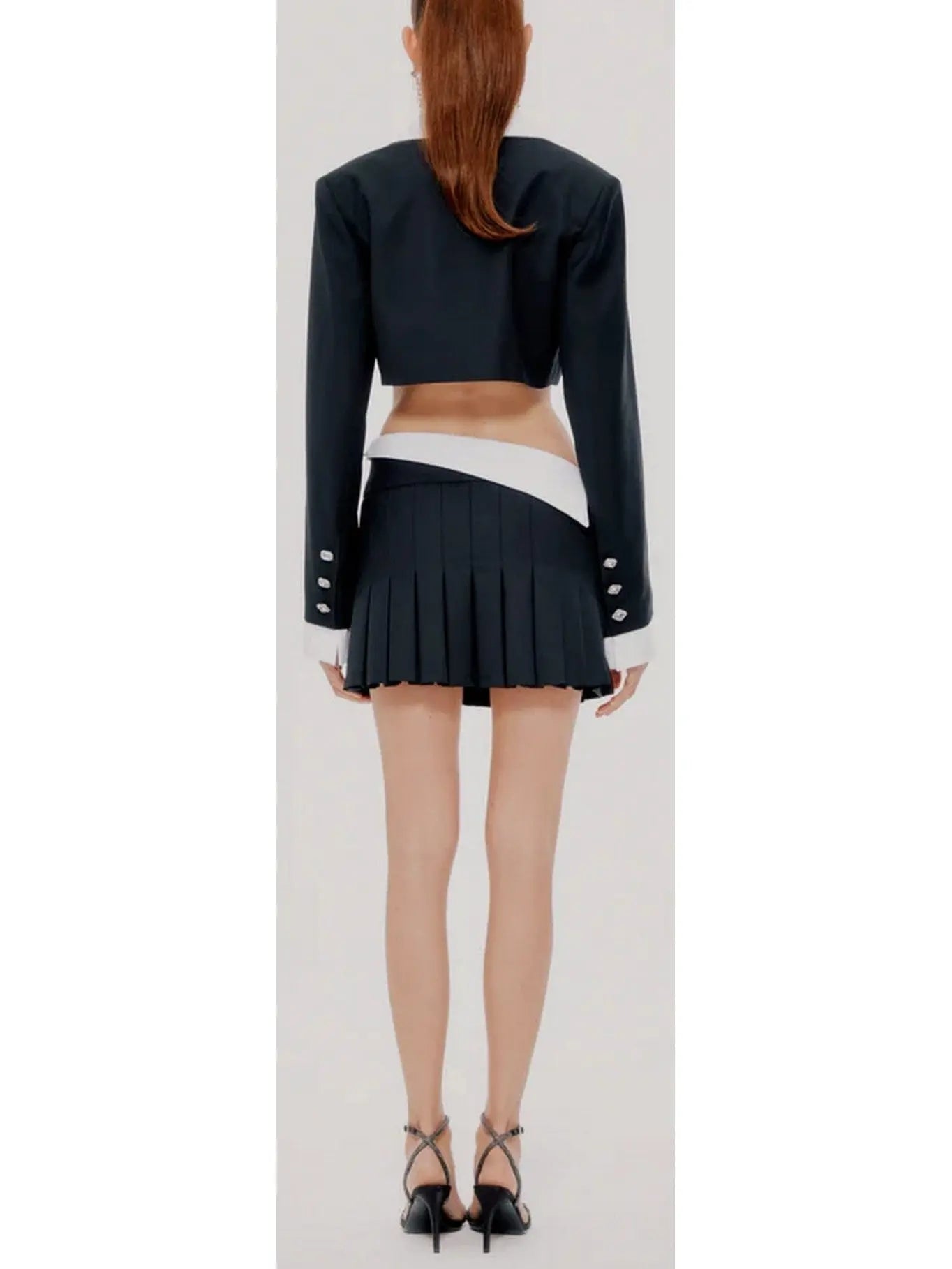 Cropped Blazer with Shirt Collar and Pleated Fold-Over Mini Skirt Set in Black and White - Suits & Sets