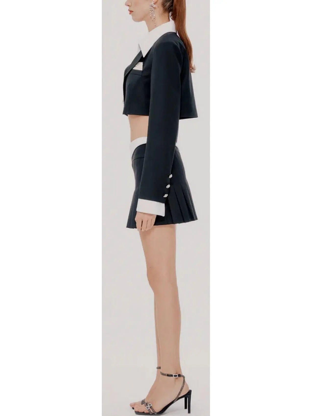 Cropped Blazer with Shirt Collar and Pleated Fold-Over Mini Skirt Set in Black and White - Suits & Sets