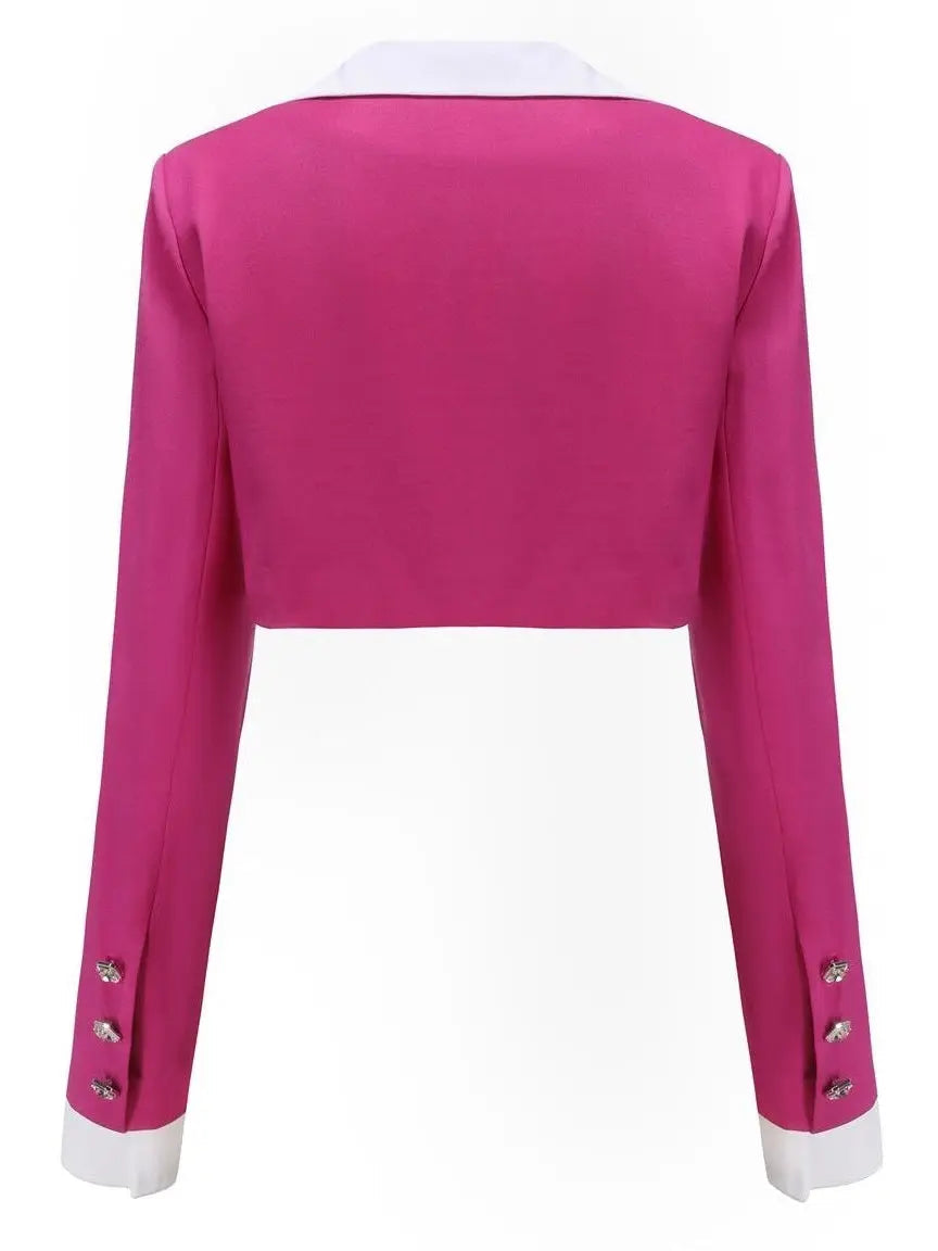 Cropped Blazer with Shirt Collar and Pleated Fold-Over Mini Skirt Set in Dark Pink and White - Suits & Sets