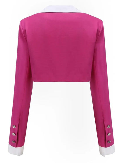 Cropped Blazer with Shirt Collar and Pleated Fold-Over Mini Skirt Set in Dark Pink and White - Suits & Sets