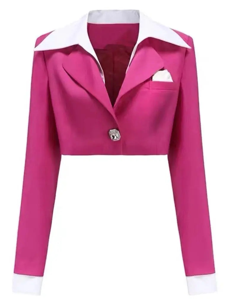 Cropped Blazer with Shirt Collar and Pleated Fold-Over Mini Skirt Set in Dark Pink and White - Suits & Sets