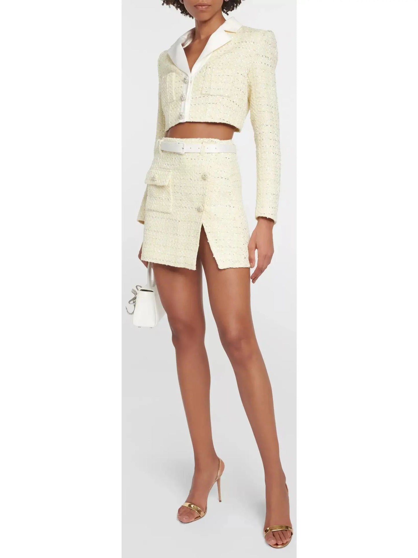 Cropped Bouclé Jacket and Belted Mini Skirt Set - Suits & Sets