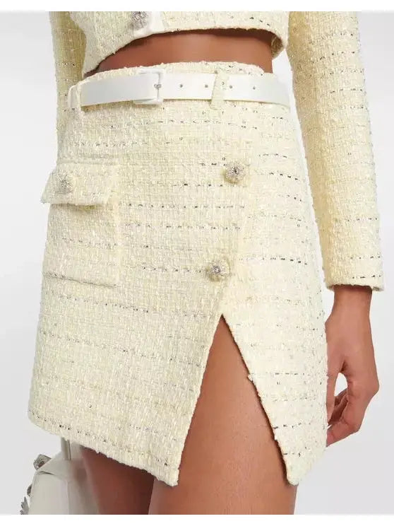 Cropped Bouclé Jacket and Belted Mini Skirt Set - Suits & Sets