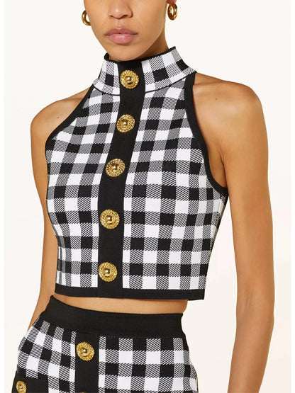 Cropped Button-Embellished Gingham Halter Top and Skirt Set Black & White - Suits & Sets