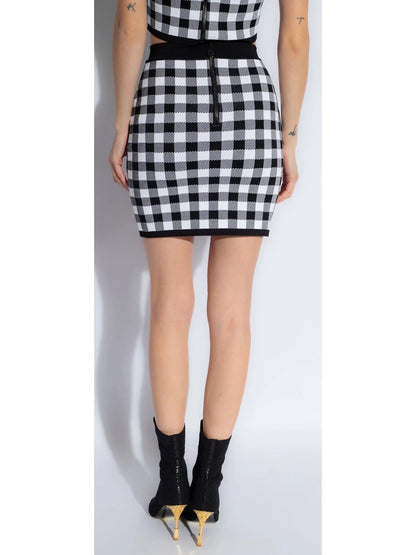 Cropped Button-Embellished Gingham Halter Top and Skirt Set Black & White - Suits & Sets