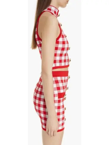 Cropped Button-Embellished Gingham Halter Top and Skirt Set Red & White - Suits & Sets