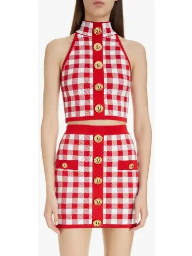 Cropped Button-Embellished Gingham Halter Top and Skirt Set Red & White - Suits & Sets