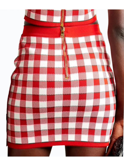 Cropped Button-Embellished Gingham Halter Top and Skirt Set Red & White - Suits & Sets